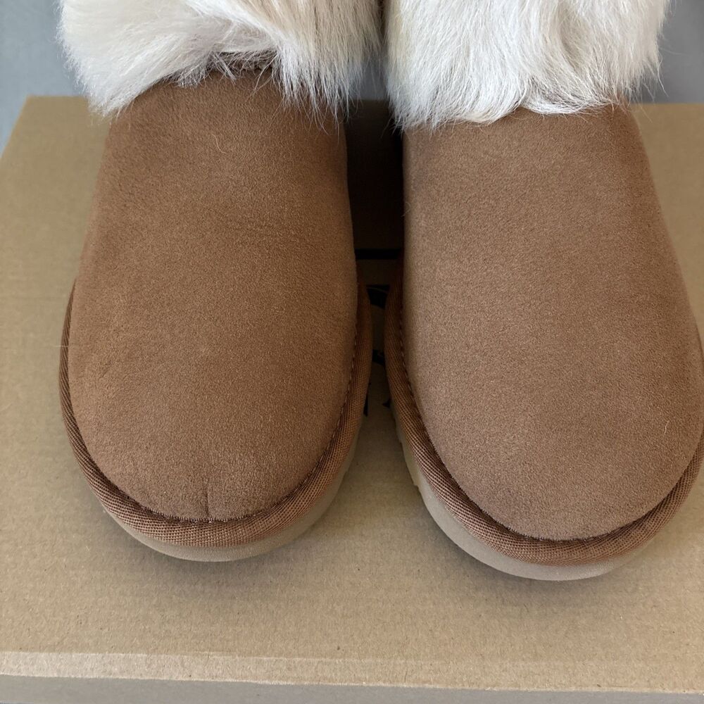 UGG Chestnut Suede Ankle Booties with Ivory Fur Cuff - Picture 7 of 12